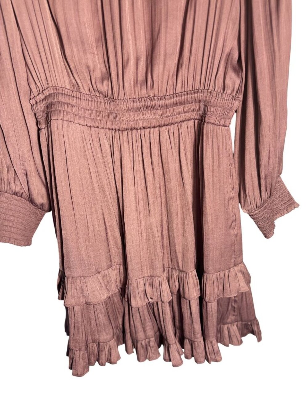 Evereve Mauve Long-Sleeve Ruffle Mini Dress With Smocked Waist Size Medium - Picture 4 of 11